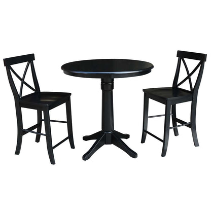 International Concepts (Set of 3 Pcs) - 36in Round Pedestal Gathering Height Table with 2 X-Back Counter Height Stools in Black Finish - K46-36RT-27B-S6132-2 veiw 1