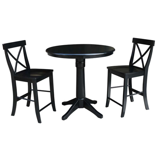 International Concepts (Set of 3 Pcs) - 36in Round Pedestal Gathering Height Table with 2 X-Back Counter Height Stools in Black Finish - K46-36RT-27B-S6132-2 veiw 1