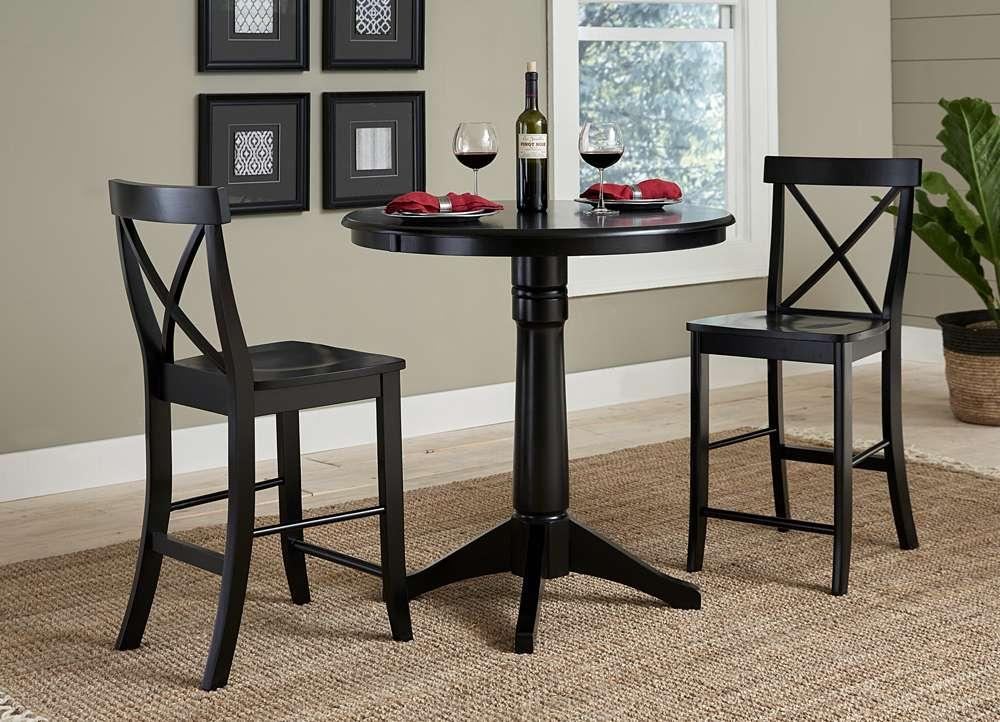 International Concepts (Set of 3 Pcs) - 36in Round Pedestal Gathering Height Table with 2 X-Back Counter Height Stools in Black Finish - K46-36RT-27B-S6132-2 veiw 2