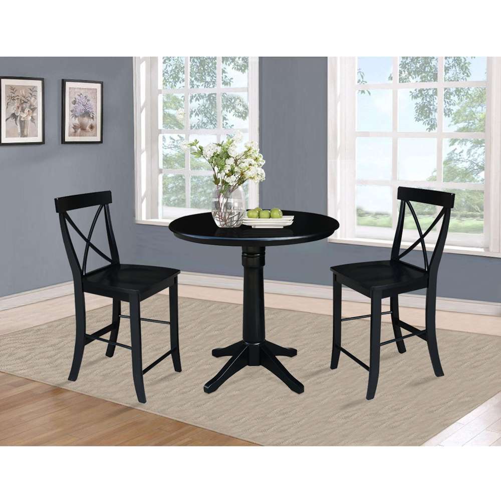 International Concepts (Set of 3 Pcs) - 36in Round Pedestal Gathering Height Table with 2 X-Back Counter Height Stools in Black Finish - K46-36RT-27B-S6132-2 veiw 3