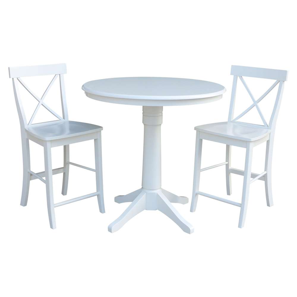 International Concepts (Set of 3 Pcs) - 36in Round Pedestal Gathering Height Table with 2 X-Back Counter Height Stools in White Finish - K08-36RT-27B-S6132 veiw 1