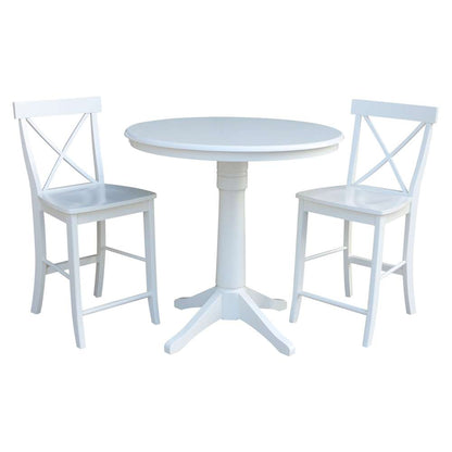International Concepts (Set of 3 Pcs) - 36in Round Pedestal Gathering Height Table with 2 X-Back Counter Height Stools in White Finish - K08-36RT-27B-S6132 veiw 1