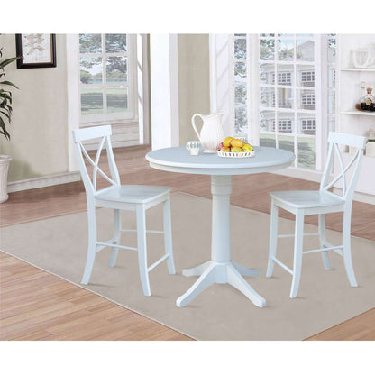 International Concepts (Set of 3 Pcs) - 36in Round Pedestal Gathering Height Table with 2 X-Back Counter Height Stools in White Finish - K08-36RT-27B-S6132 veiw 2