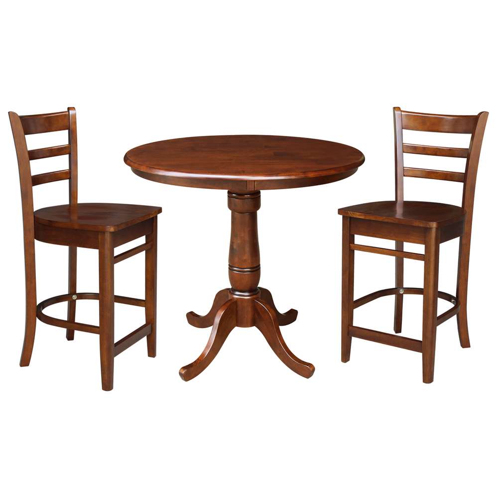International Concepts (Set of 3 Pcs) - 36in Round Pedestal Table with 2 RTA Counter Height Stools in Espresso Finish - K581-36RT-S6172-2 veiw 1
