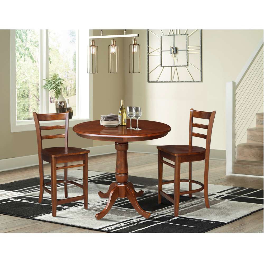 International Concepts (Set of 3 Pcs) - 36in Round Pedestal Table with 2 RTA Counter Height Stools in Espresso Finish - K581-36RT-S6172-2 veiw 2