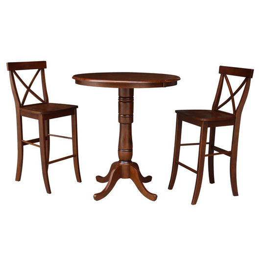 International Concepts (Set of 3 Pcs) - 36in Round Top Ped Ext Table Bar Height with 12in Leaf and 2 RTA X-Back Barstools in Espresso Finish - K581-36RXT-6B-S6133 veiw 1