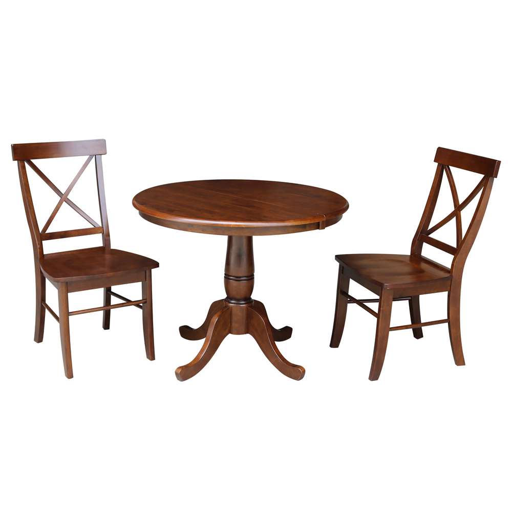 International Concepts (Set of 3 Pcs) - 36in Round Top Ped Ext Table with 12in Leaf and 2 X-Back Chairs in Espresso Finish - K581-36RXT-C613-2 veiw 1