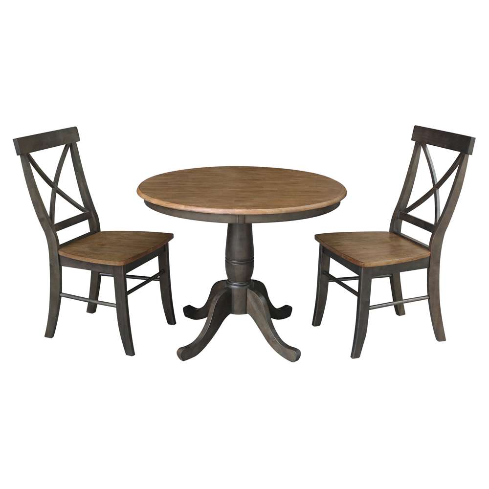International Concepts (Set of 3 Pcs) -36in Round Top Ped Table with 2 X-Back Chairs in Hickory/Washed Coal Finish - K45-36RT-C613-2 veiw 1