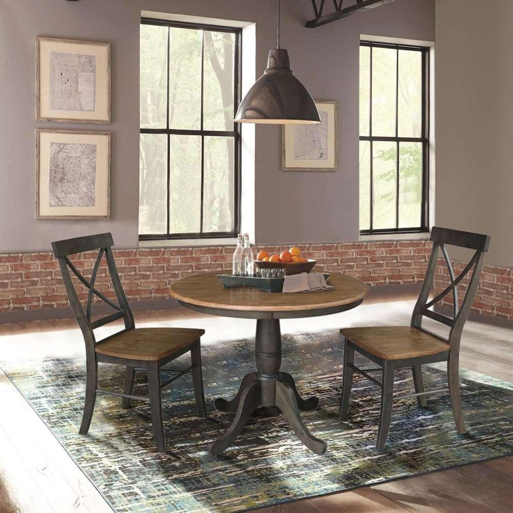International Concepts (Set of 3 Pcs) -36in Round Top Ped Table with 2 X-Back Chairs in Hickory/Washed Coal Finish - K45-36RT-C613-2 veiw 3
