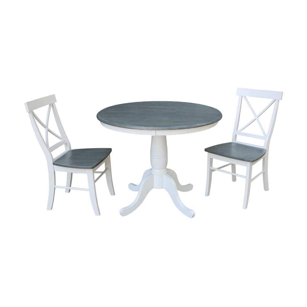 International Concepts (Set of 3 Pcs) -36in Round Top Ped Table with 2 X-Back Chairs in White/Heather Gray Finish - K05-36RT-C613-2 veiw 1