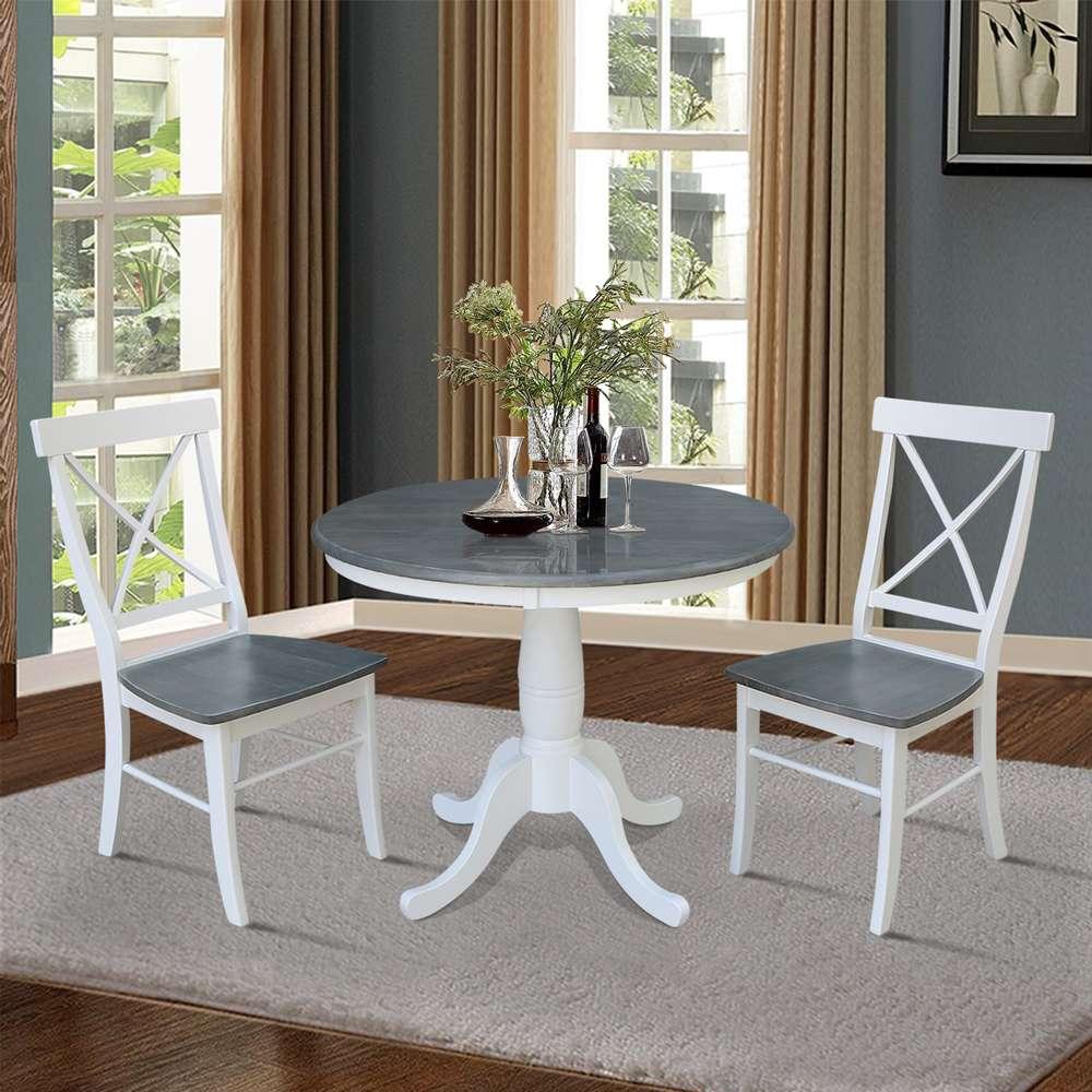 International Concepts (Set of 3 Pcs) -36in Round Top Ped Table with 2 X-Back Chairs in White/Heather Gray Finish - K05-36RT-C613-2 veiw 3