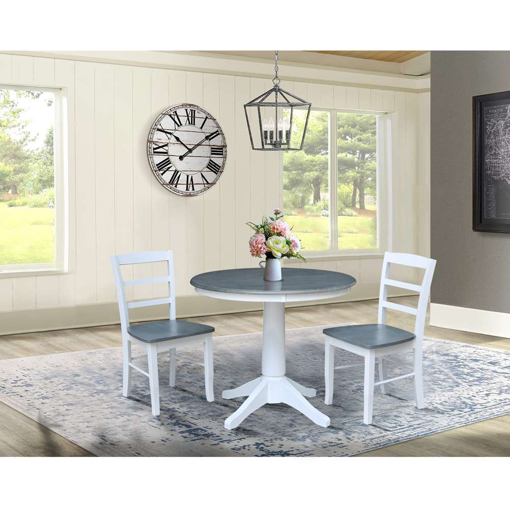 International Concepts (Set of 3 Pcs) -36in Round Top Ped Table with 2 RTA Chairs in White/Heather Gray Finish - K05-36RT-27B-C2-2 veiw 3