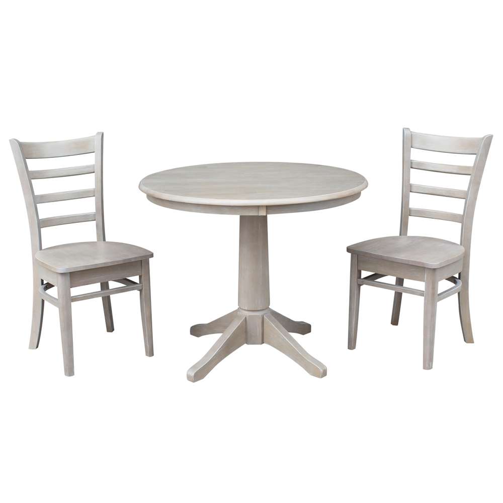 International Concepts (Set of 3 Pcs) -36in Round Top Ped Table with 2 Emily Chairs in Washed Gray Taupe Finish - K09-36RT-27B-C617-2 veiw 1