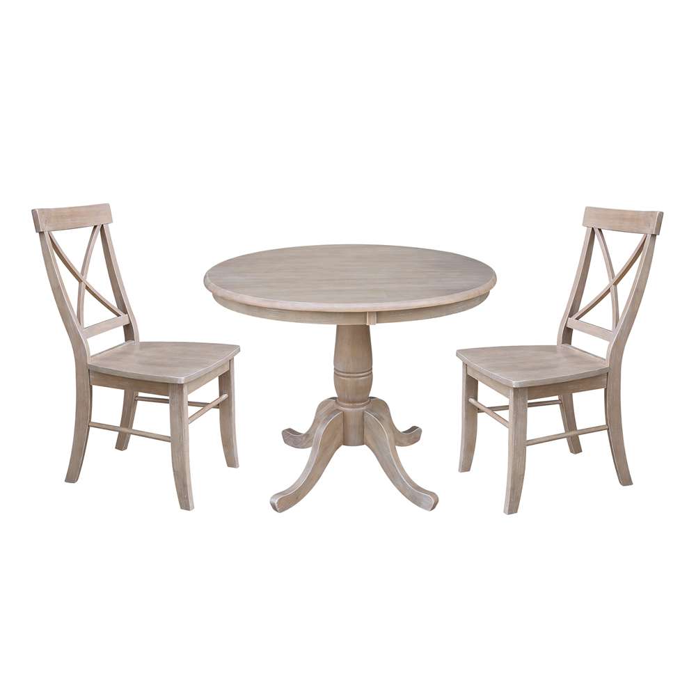 International Concepts (Set of 3 Pcs) -36in Round Top Ped Table with 2 RTA Chairs in Washed Gray Taupe Finish - K09-36RT-C613P veiw 1