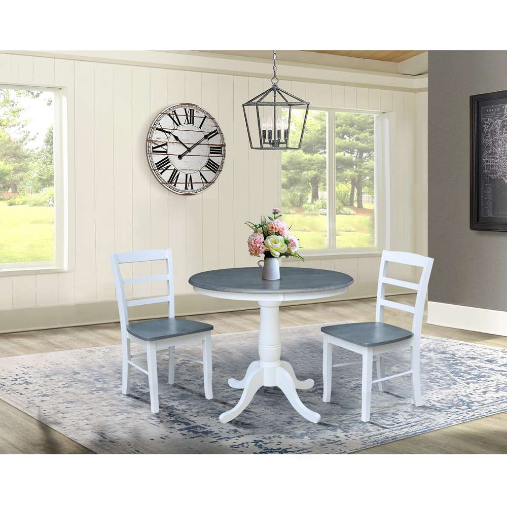 International Concepts (Set of 3 Pcs) -36in Round Top Ped Table with 2 RTA Chairs in White/Heather Gray Finish - K05-36RT-C2-2 veiw 3