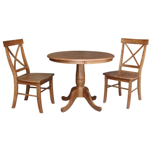 International Concepts (Set of 3 Pcs) -36in Round Top Ped Table with 2 X-Back Chairs in Distressed Oak Finish - K42-36RT-C613-2 veiw 1