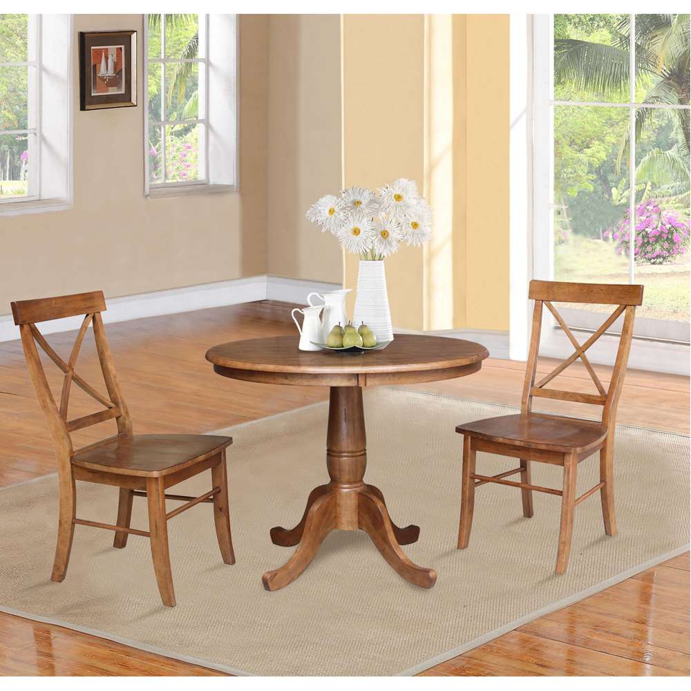 International Concepts (Set of 3 Pcs) -36in Round Top Ped Table with 2 X-Back Chairs in Distressed Oak Finish - K42-36RT-C613-2 veiw 3
