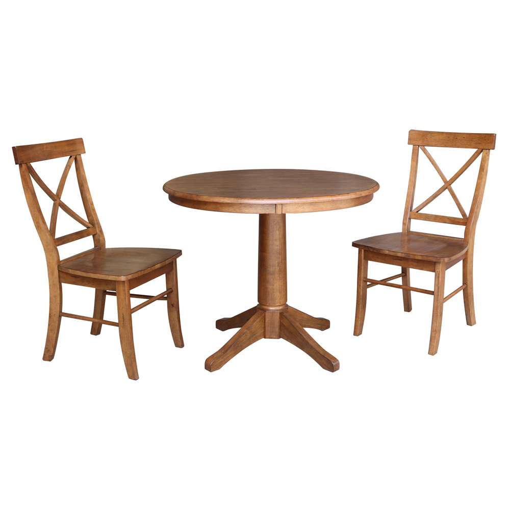 International Concepts (Set of 3 Pcs) -36in Round Top Ped Table with 2 X-Back Chairs in Distressed Oak Finish - K42-36RT-27B-C613-2 veiw 1