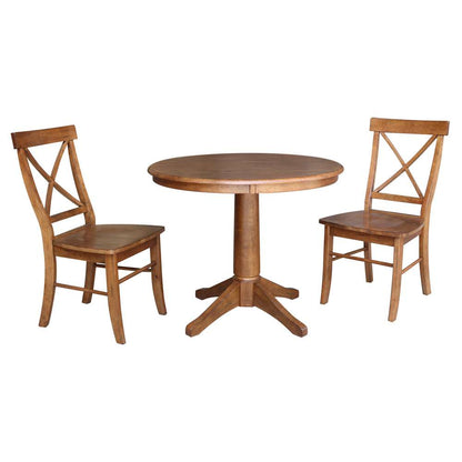 International Concepts (Set of 3 Pcs) -36in Round Top Ped Table with 2 X-Back Chairs in Distressed Oak Finish - K42-36RT-27B-C613-2 veiw 1