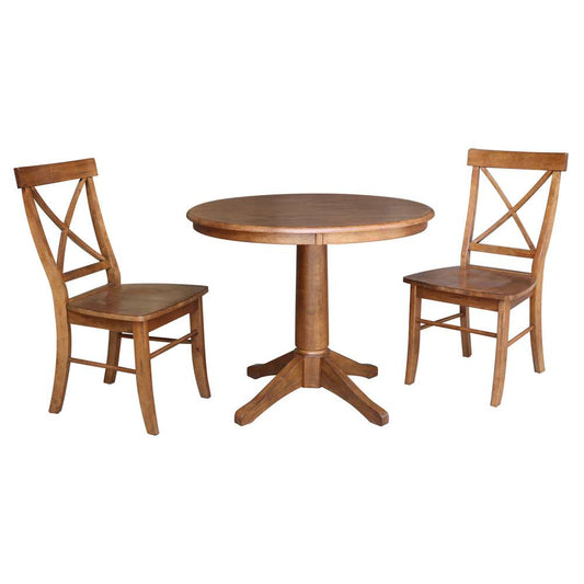 International Concepts (Set of 3 Pcs) -36in Round Top Ped Table with 2 X-Back Chairs in Distressed Oak Finish - K42-36RT-27B-C613-2 veiw 1