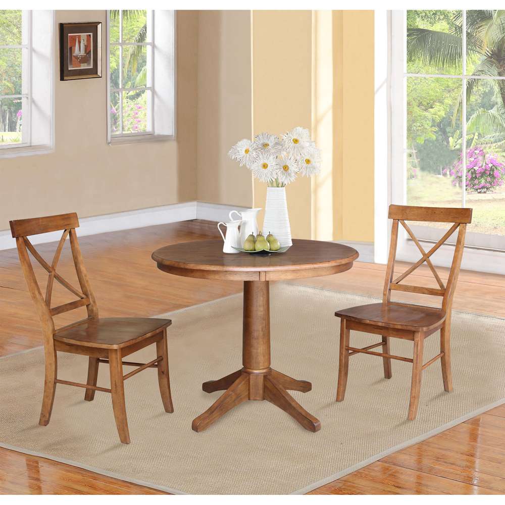International Concepts (Set of 3 Pcs) -36in Round Top Ped Table with 2 X-Back Chairs in Distressed Oak Finish - K42-36RT-27B-C613-2 veiw 3