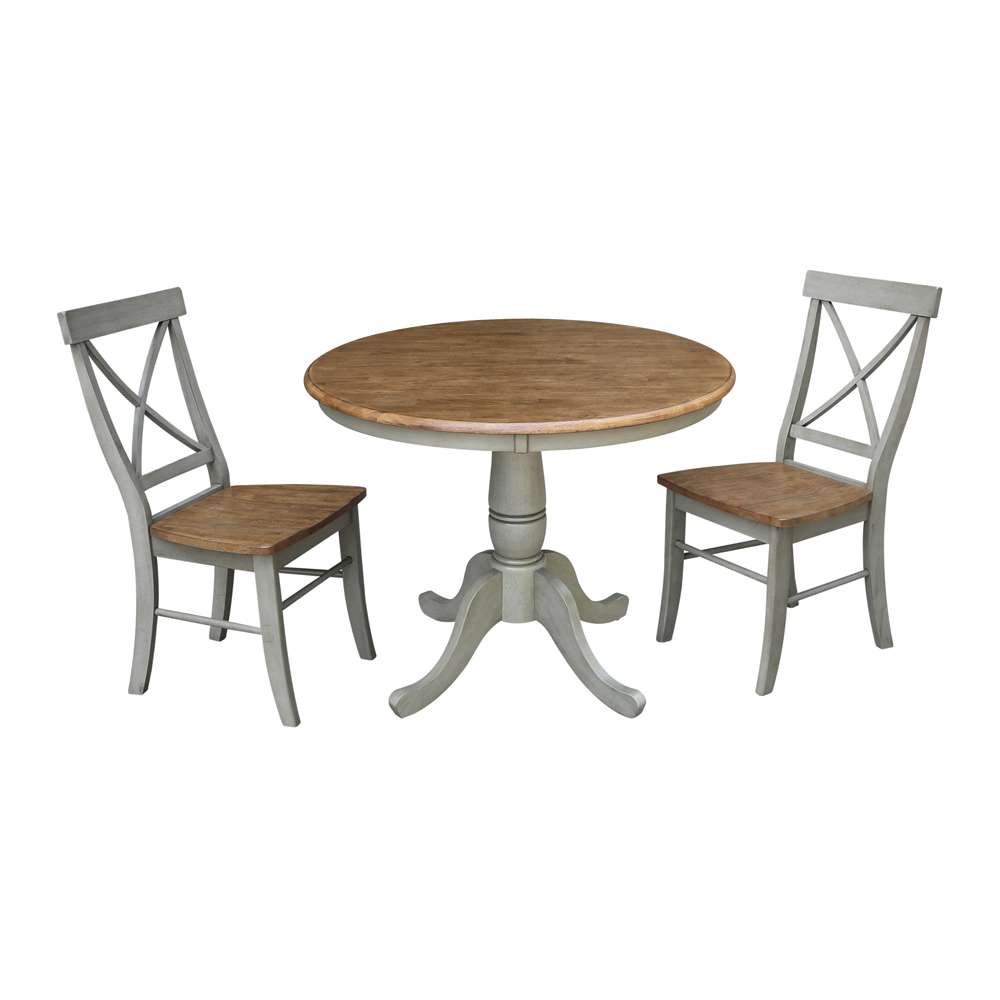 International Concepts (Set of 3 Pcs) -36in Round Top Ped Table with 2 X-Back Chairs in Hickory/Stone Finish - K41-36RT-C613-2 veiw 1