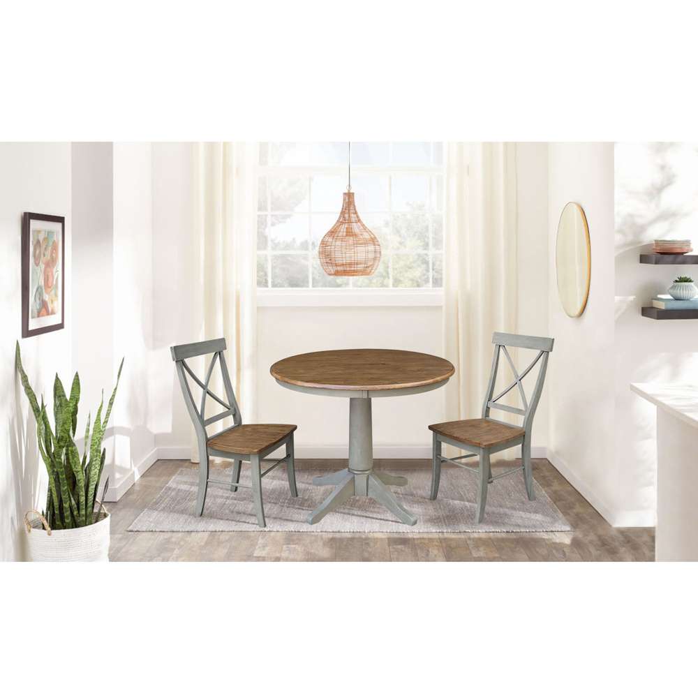 International Concepts (Set of 3 Pcs) -36in Round Top Ped Table with 2 X-Back Chairs in Hickory/Stone Finish - K41-36RT-27B-C613-2 veiw 3