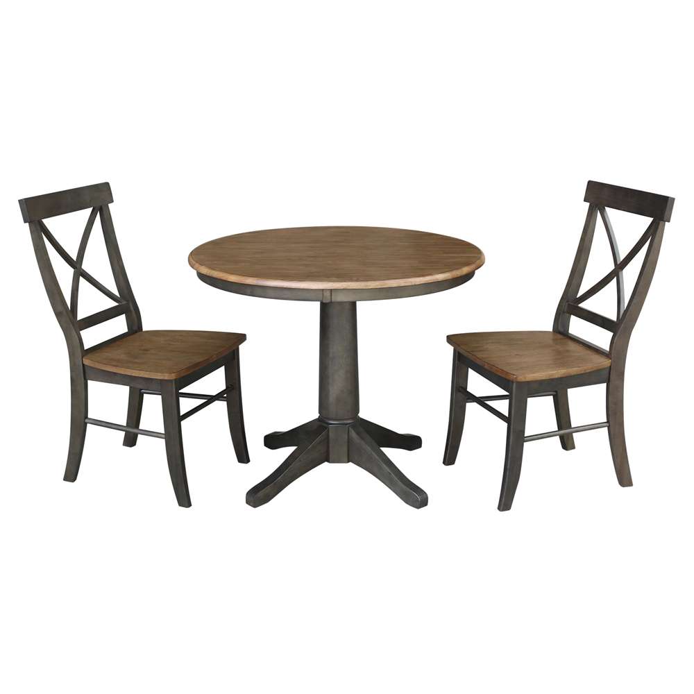 International Concepts (Set of 3 Pcs) -36in Round Top Ped Table with 2 X-Back Chairs in Hickory/Washed Coal Finish - K45-36RT-27B-C613-2 veiw 1