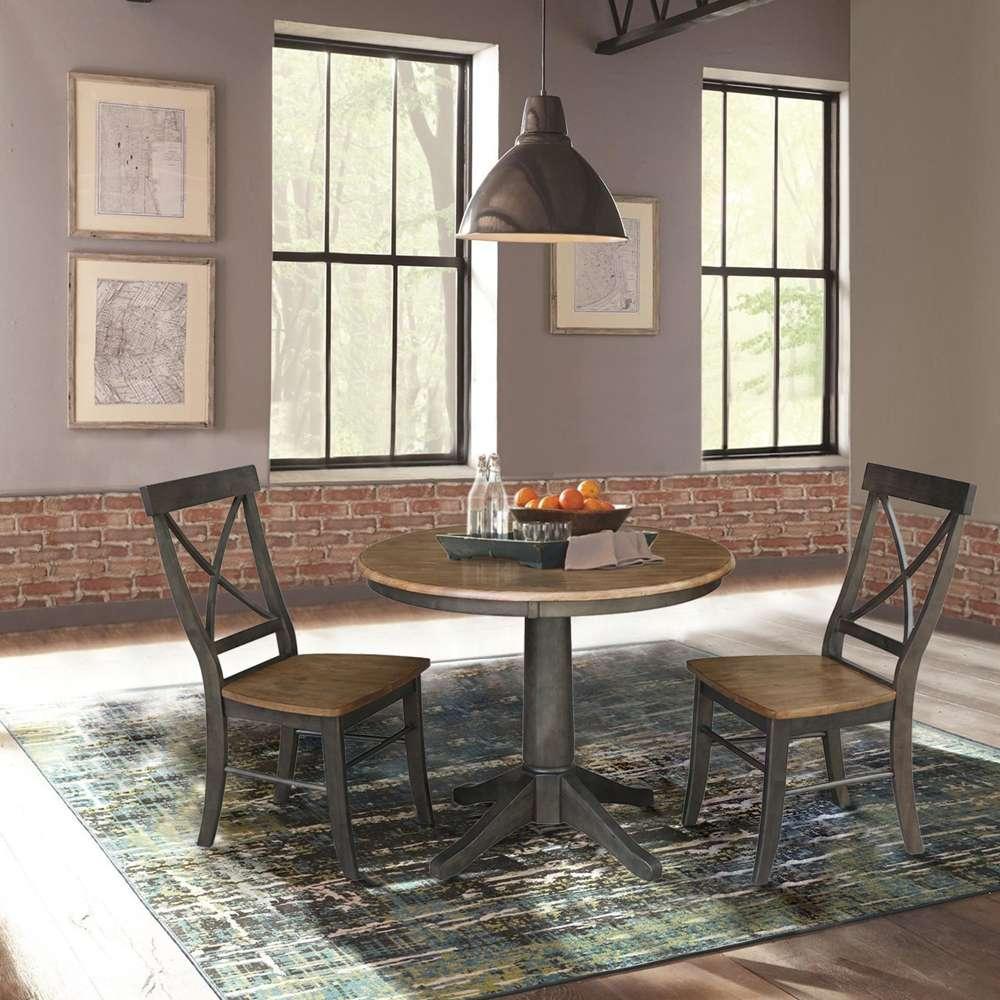 International Concepts (Set of 3 Pcs) -36in Round Top Ped Table with 2 X-Back Chairs in Hickory/Washed Coal Finish - K45-36RT-27B-C613-2 veiw 3