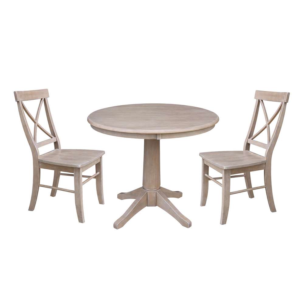 International Concepts (Set of 3 Pcs) -36in Round Top Ped Table with 2 X-Back Chairs in Washed Gray Taupe Finish - K09-36RT-27B-C613-2 veiw 1