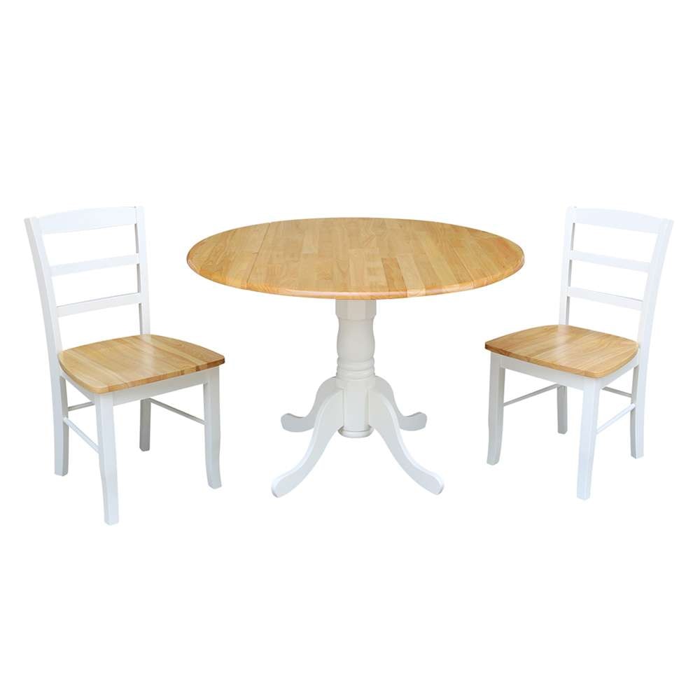 International Concepts (Set of 3 Pcs) - 42in Dual Drop Leaf Table with 2 Madrid Chairs in White/Natural Finish - K02-42DP-C2P-2 veiw 1