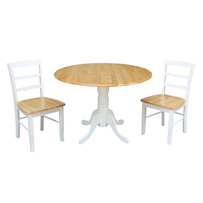 International Concepts (Set of 3 Pcs) - 42in Dual Drop Leaf Table with 2 Madrid Chairs in White/Natural Finish - K02-42DP-C2P-2 veiw 1