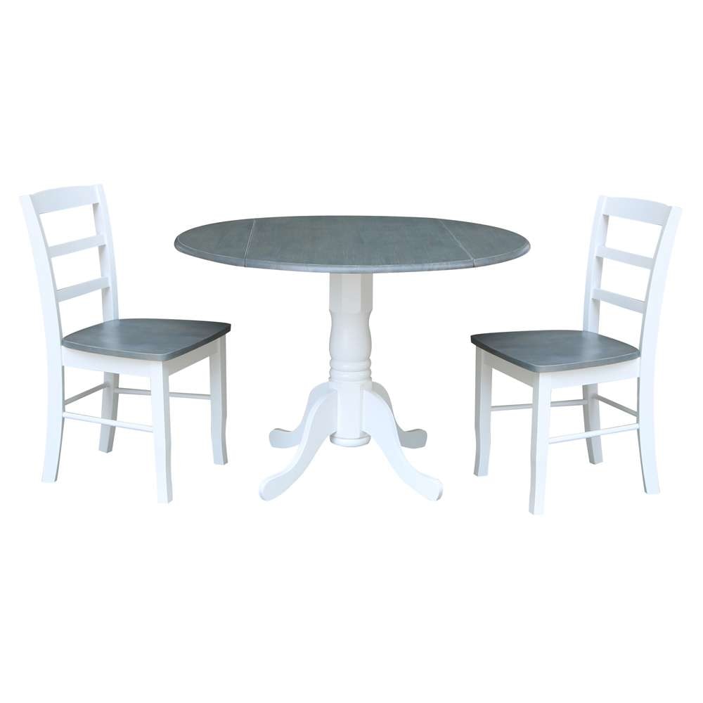 International Concepts (Set of 3 Pcs) - 42in Dual Drop Leaf Table with 2 RTA Chairs in White/Heather Gray Finish - K05-42DP-C2-2 veiw 1