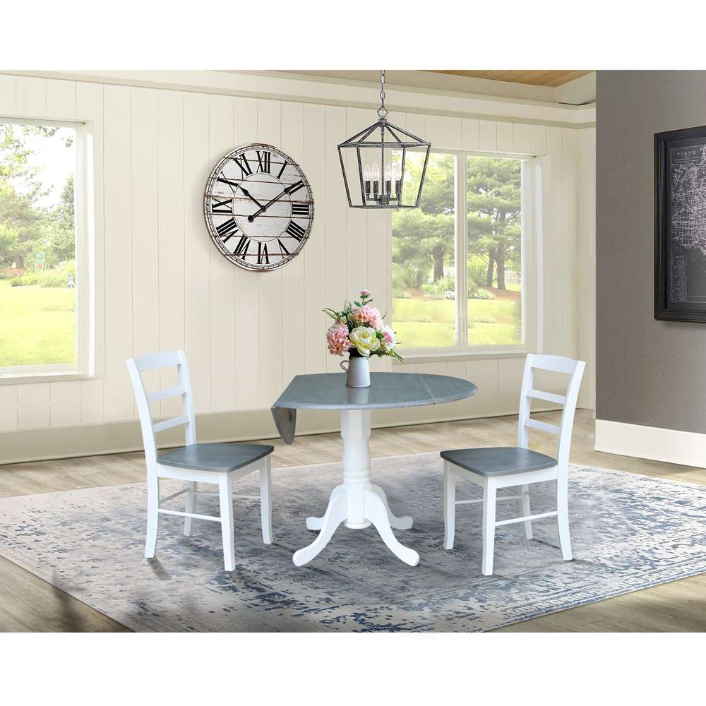 International Concepts (Set of 3 Pcs) - 42in Dual Drop Leaf Table with 2 RTA Chairs in White/Heather Gray Finish - K05-42DP-C2-2 veiw 3