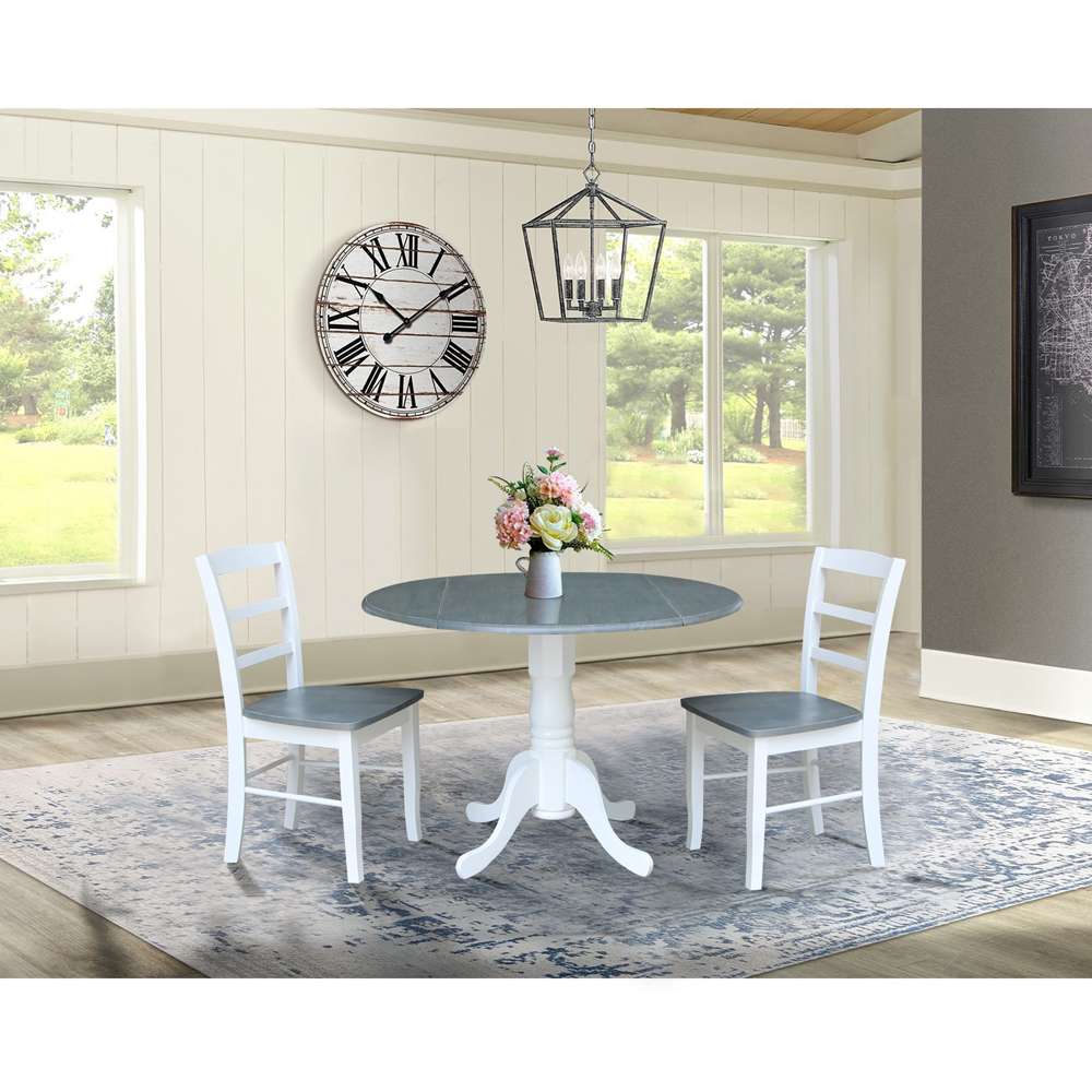 International Concepts (Set of 3 Pcs) - 42in Dual Drop Leaf Table with 2 RTA Chairs in White/Heather Gray Finish - K05-42DP-C2-2 veiw 5