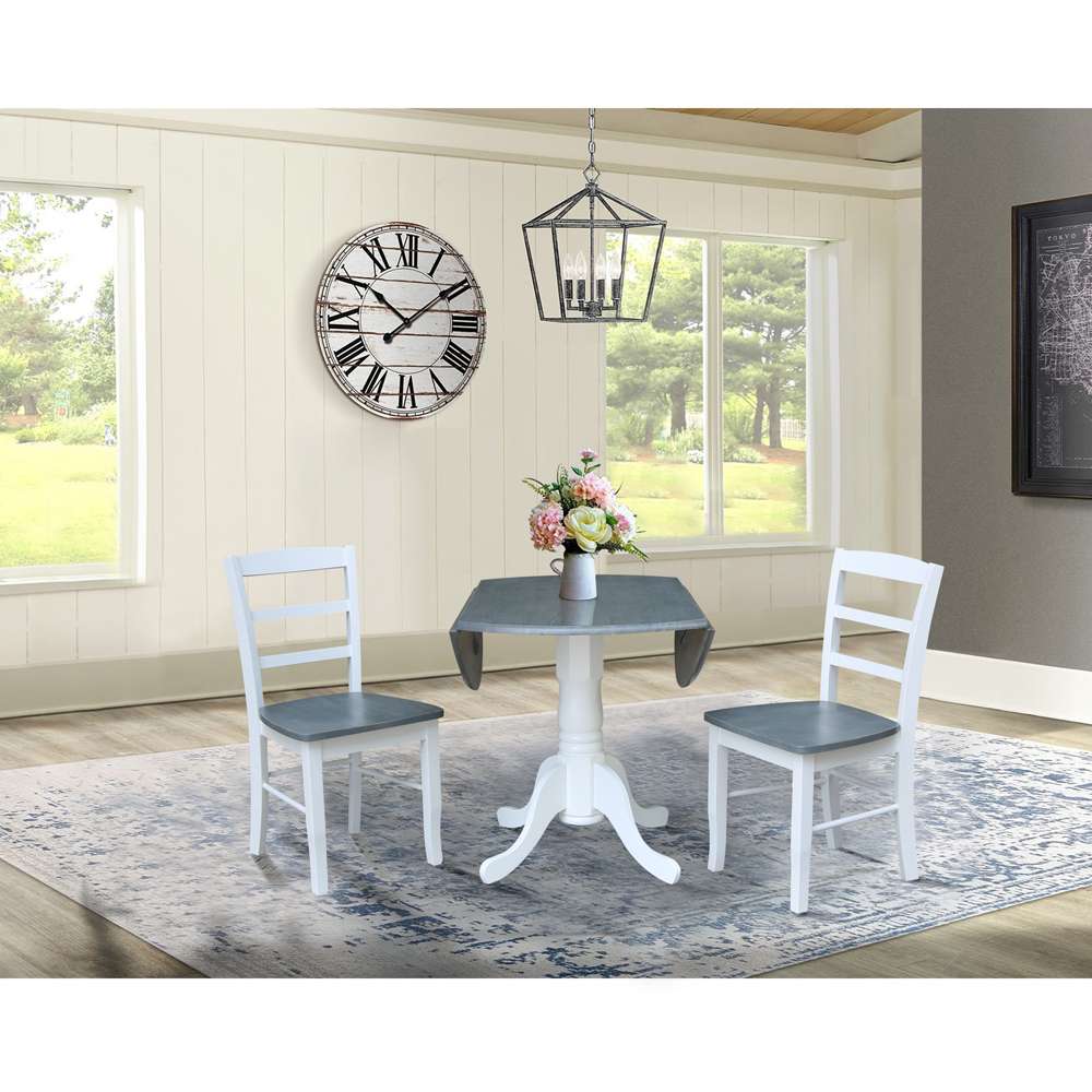 International Concepts (Set of 3 Pcs) - 42in Dual Drop Leaf Table with 2 RTA Chairs in White/Heather Gray Finish - K05-42DP-C2-2 veiw 7