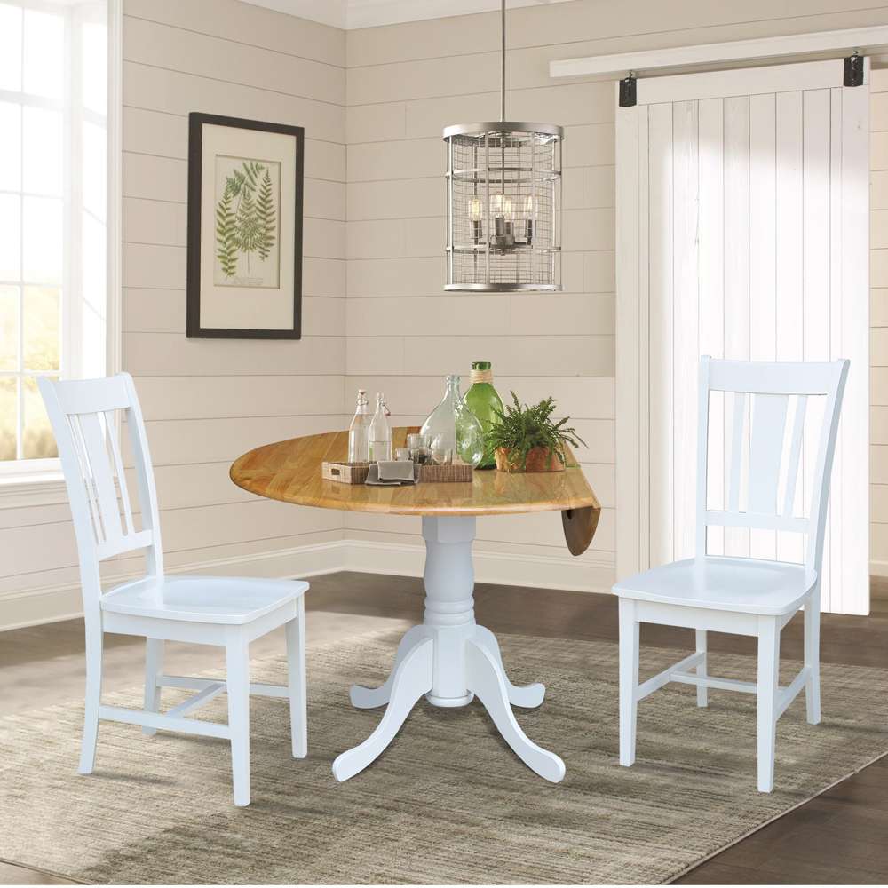International Concepts (Set of 3 Pcs) - 42in Dual Drop Leaf Table with 2 RTA Chairs in White / Natural Finish - K02-42DP-C08-10P veiw 3