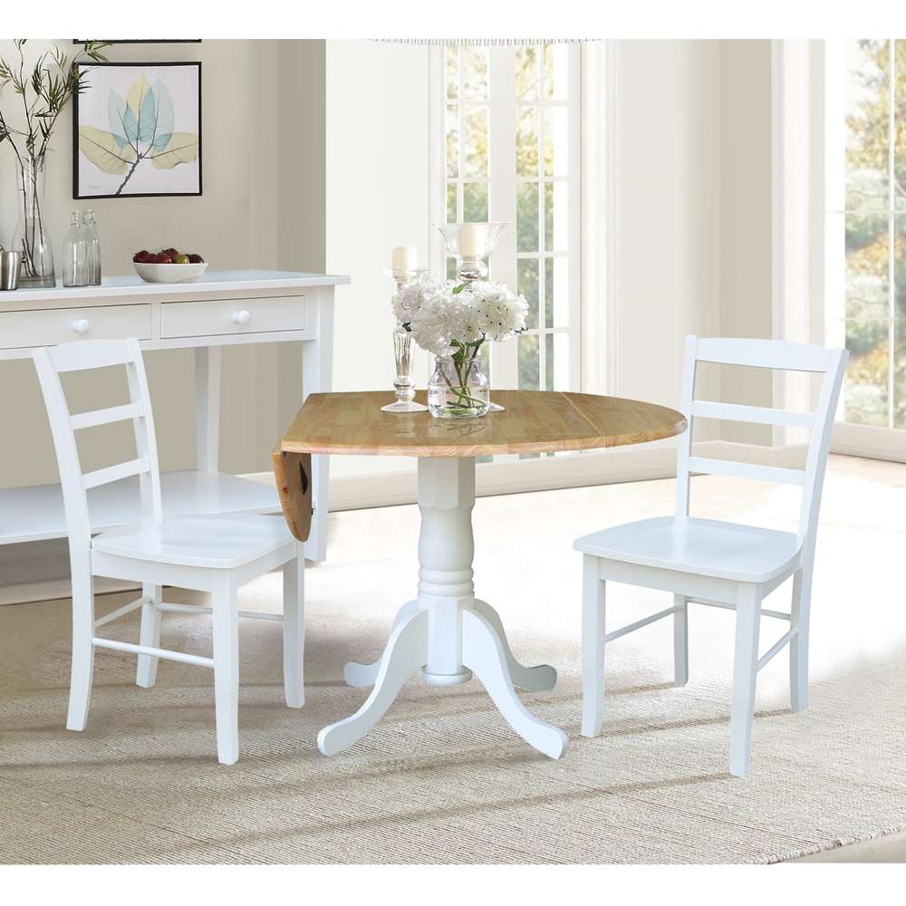 International Concepts (Set of 3 Pcs) - 42in Dual Drop Leaf Table with 2 RTA Chairs in White / Natural Finish - K02-42DP-C08-2P veiw 3