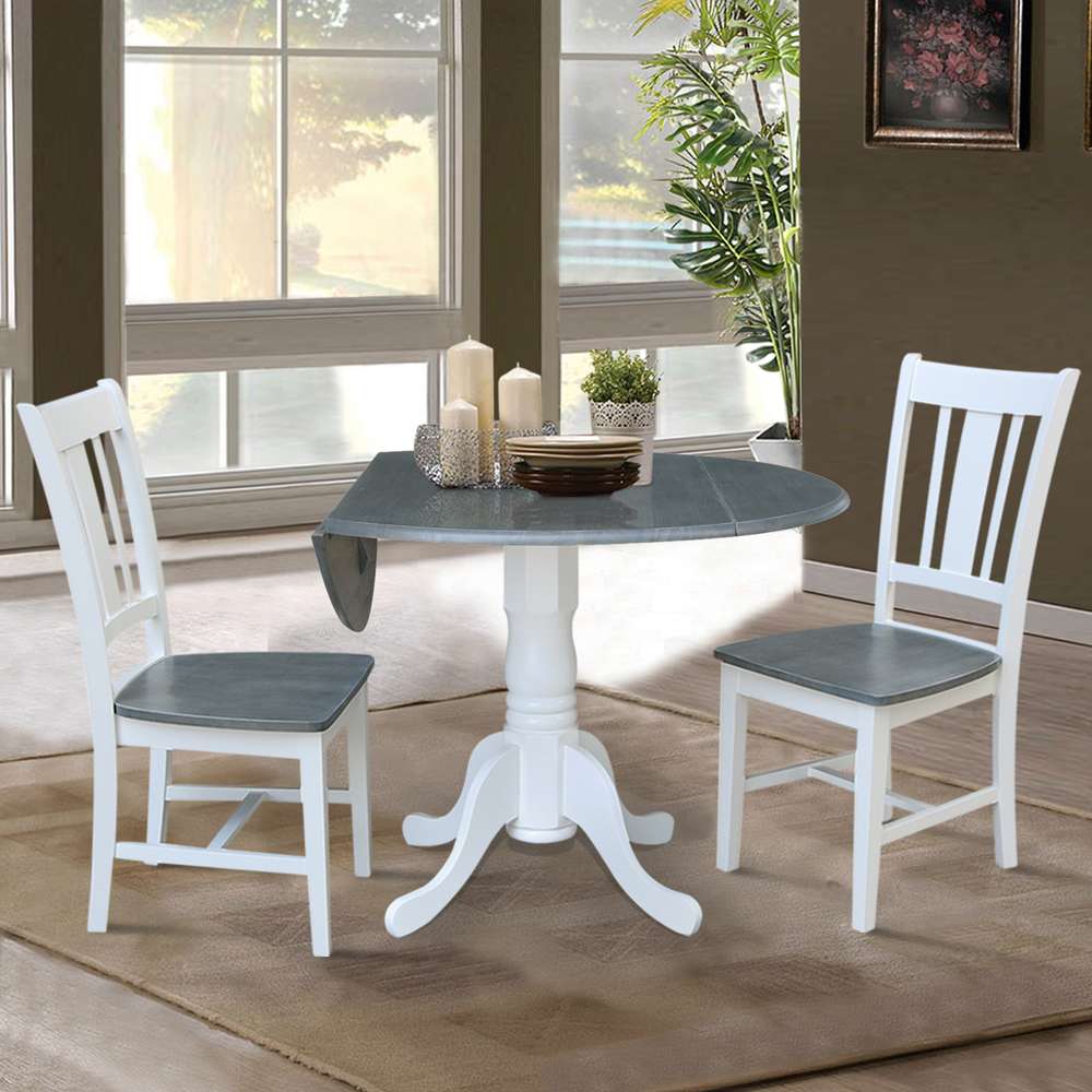 International Concepts (Set of 3 Pcs) - 42in Dual Drop Leaf Table with 2 San Remo Side Chairs in White/Heather Gray Finish - K05-42DP-C10P veiw 3
