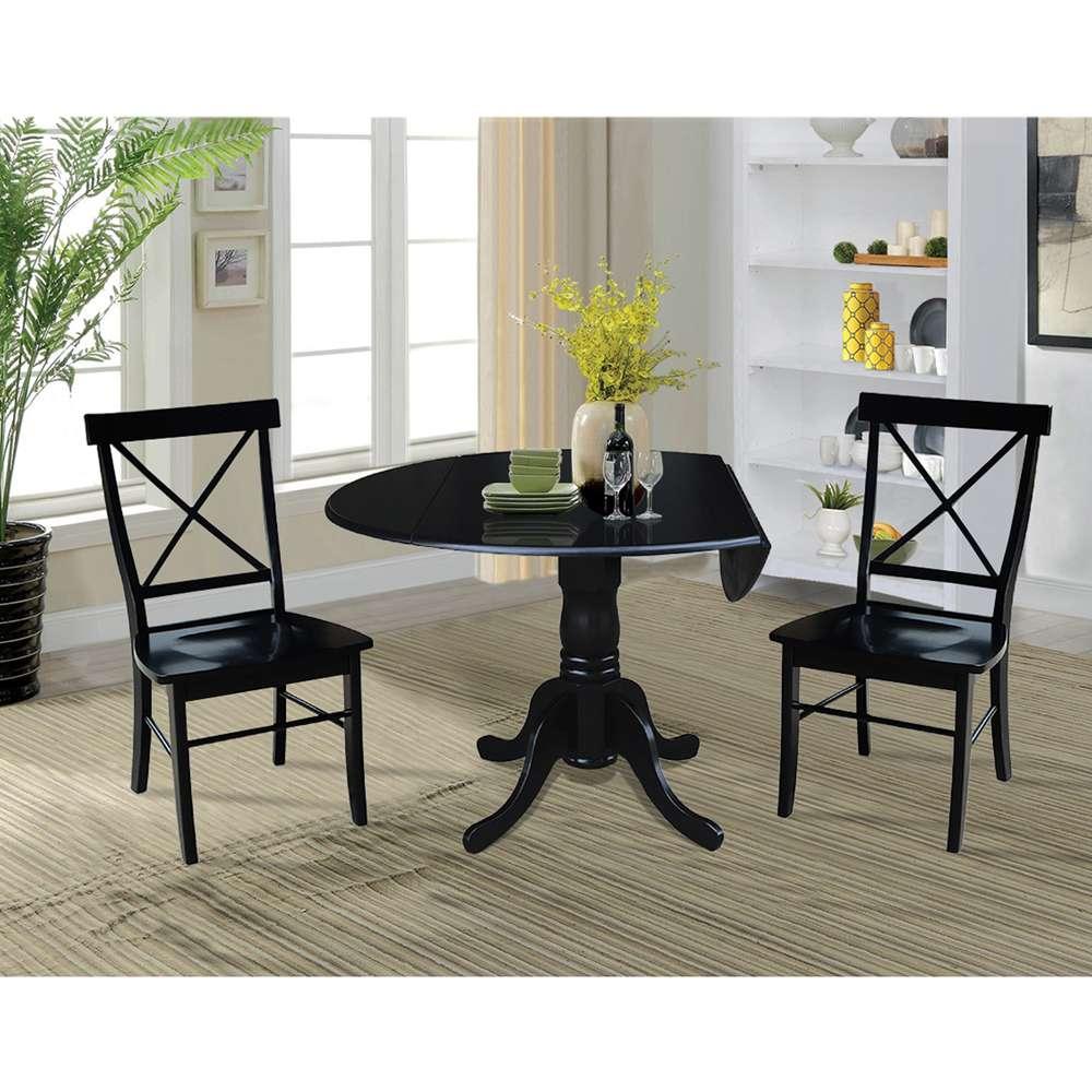 International Concepts (Set of 3 Pcs) - 42in Dual Drop Leaf Table with 2 X-Back Chairs in Black Finish - K46-42DP-C613-2 veiw 3