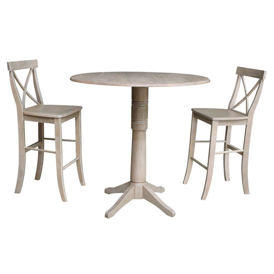 International Concepts (Set of 3 Pcs) - 42in Round Pedestal Bar Height Table with 2 RTA Bar Height Stools in Washed Gray Taupe Finish - K09-42DPT-27-S6133-2 veiw 1