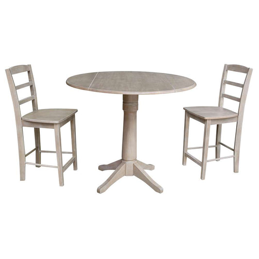 International Concepts (Set of 3 Pcs) - 42in Round Pedestal Gathering Height Table with 2 RTA Counter Height Stools in Washed Gray Taupe Finish - K09-42DPT-27B-S402-2 veiw 1