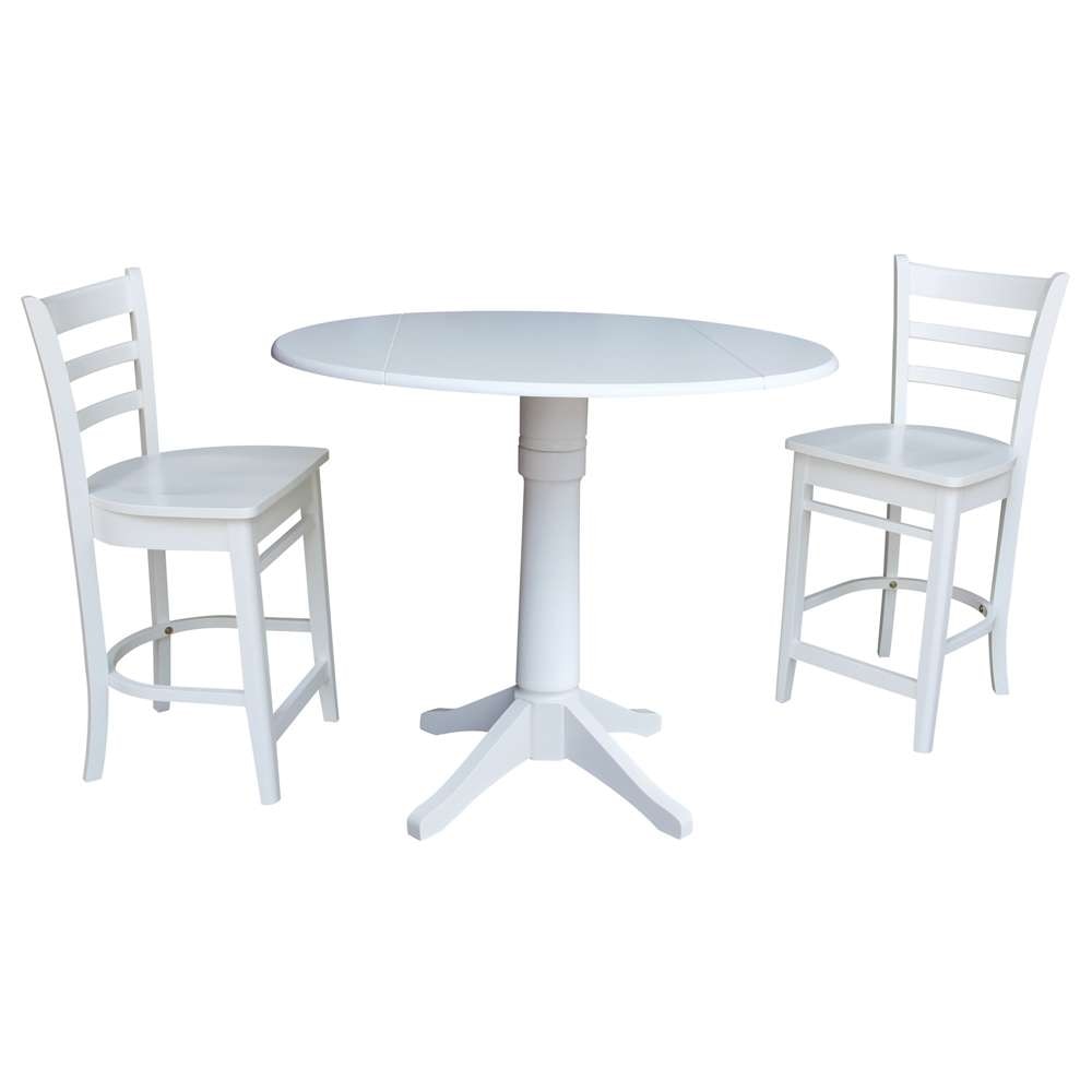 International Concepts (Set of 3 Pcs) - 42in Round Pedestal Gathering Height Table with 2 RTA Counter Height Stools in White Finish - K08-42DP-27B-S6172-2 veiw 1