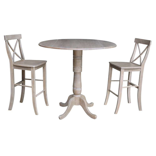 International Concepts (Set of 3 Pcs) - 42in Round Pedestal Bar Height Table with 2 RTA Bar Height Stools in Washed Gray Taupe Finish - K09-42DPT-S6133-2 veiw 1