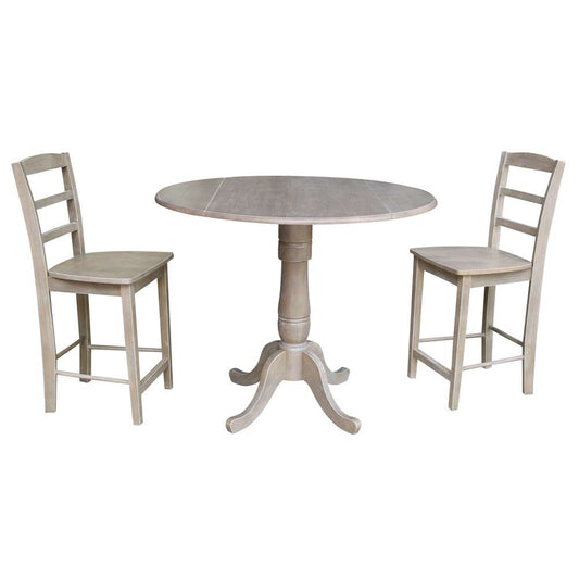 International Concepts (Set of 3 Pcs) - 42in Round Pedestal Gathering Height Table with 2 RTA Counter Height Stools in Washed Gray Taupe Finish - K09-42DPT-S402-2 veiw 1