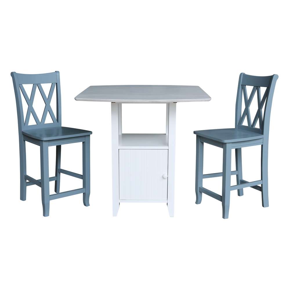 International Concepts (Set of 3 Pcs) - Dual Drop Leaf Bistro Table - Counter Height with Storage - 2 Counter Height Stools in White/Chalk - Antiqued Finish - K128-3638-S86-202-2 veiw 1
