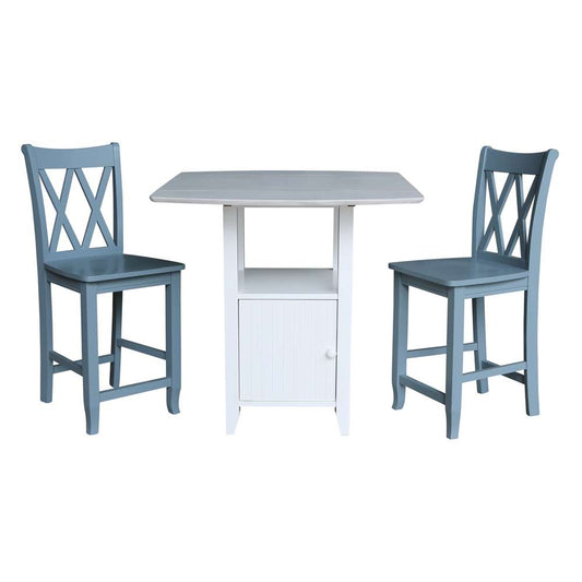 International Concepts (Set of 3 Pcs) - Dual Drop Leaf Bistro Table - Counter Height with Storage - 2 Counter Height Stools in White/Chalk - Antiqued Finish - K128-3638-S86-202-2 veiw 1