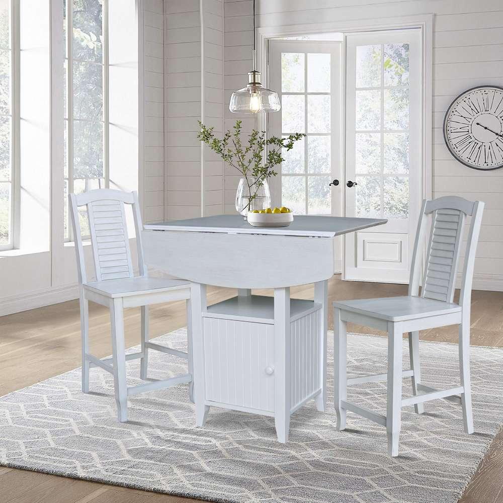 International Concepts (Set of 3 Pcs) - Dual Drop Leaf Bistro Table - Counter Height with Storage - 2 Counter Height Stools in White/Chalk - Antiqued Finish - K128-3638-S452-2 veiw 3