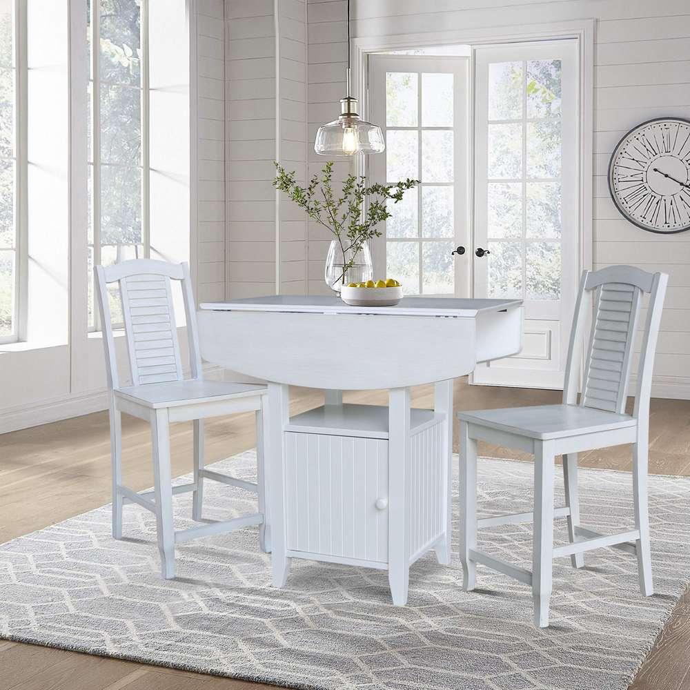International Concepts (Set of 3 Pcs) - Dual Drop Leaf Bistro Table - Counter Height with Storage - 2 Counter Height Stools in White/Chalk - Antiqued Finish - K128-3638-S452-2 veiw 5
