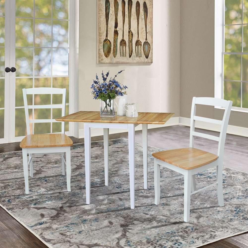 International Concepts (Set of 3 Pcs) - Small Dual Drop Leaf Table with 2 Madrid Ladderback Chairs in White / Natural Finish - K02-2236D-C2 veiw 3
